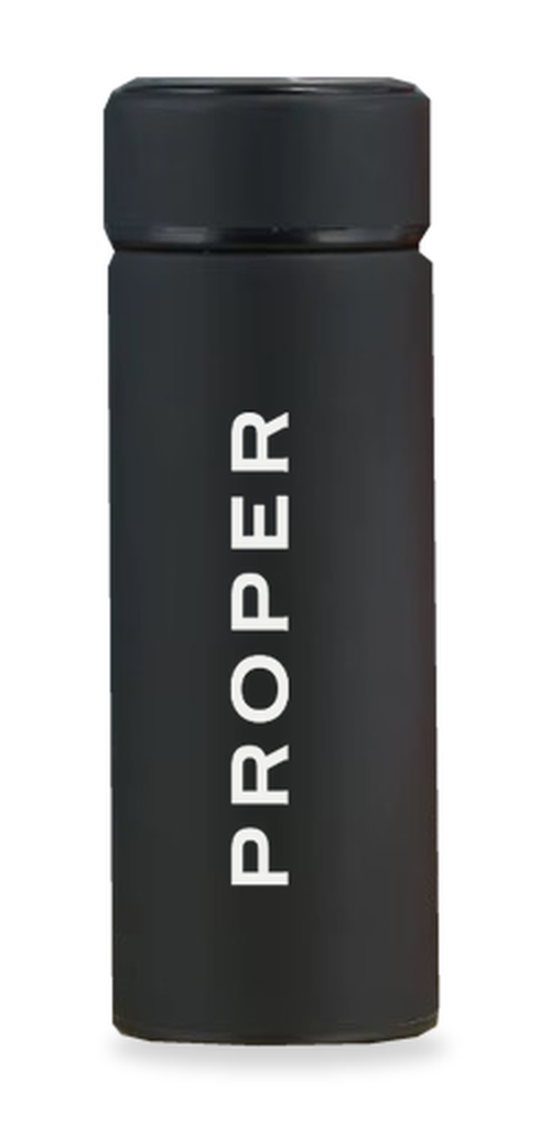 Selected black 350 ml cylindrical bottle with original white PROPER logo placed vertically on the body.