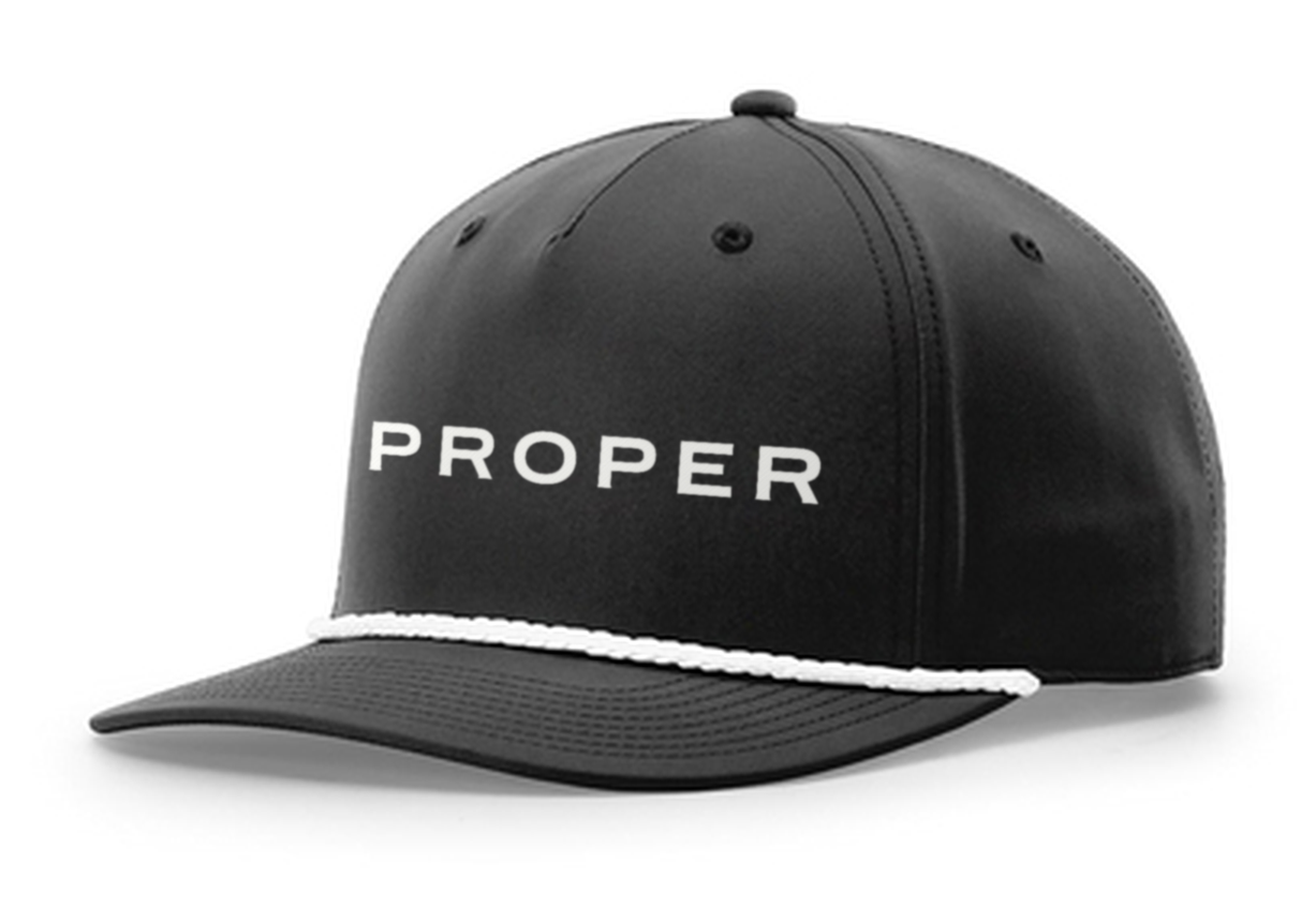 Richardson 258 black cap with white rope and original PROPER artwork composited onto the front.