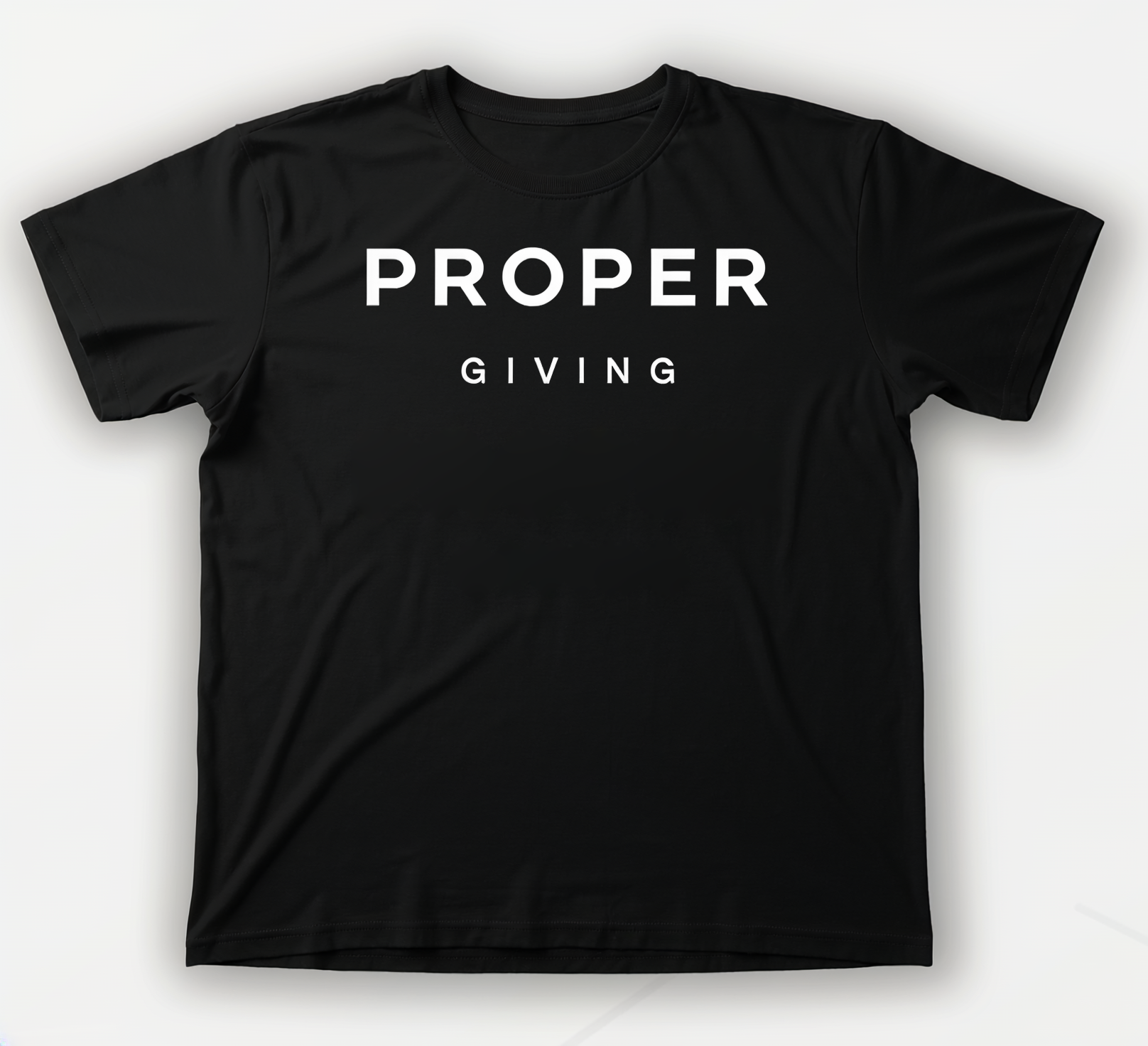Black PROPER GIVING t-shirt mockup with approved centered chest artwork.