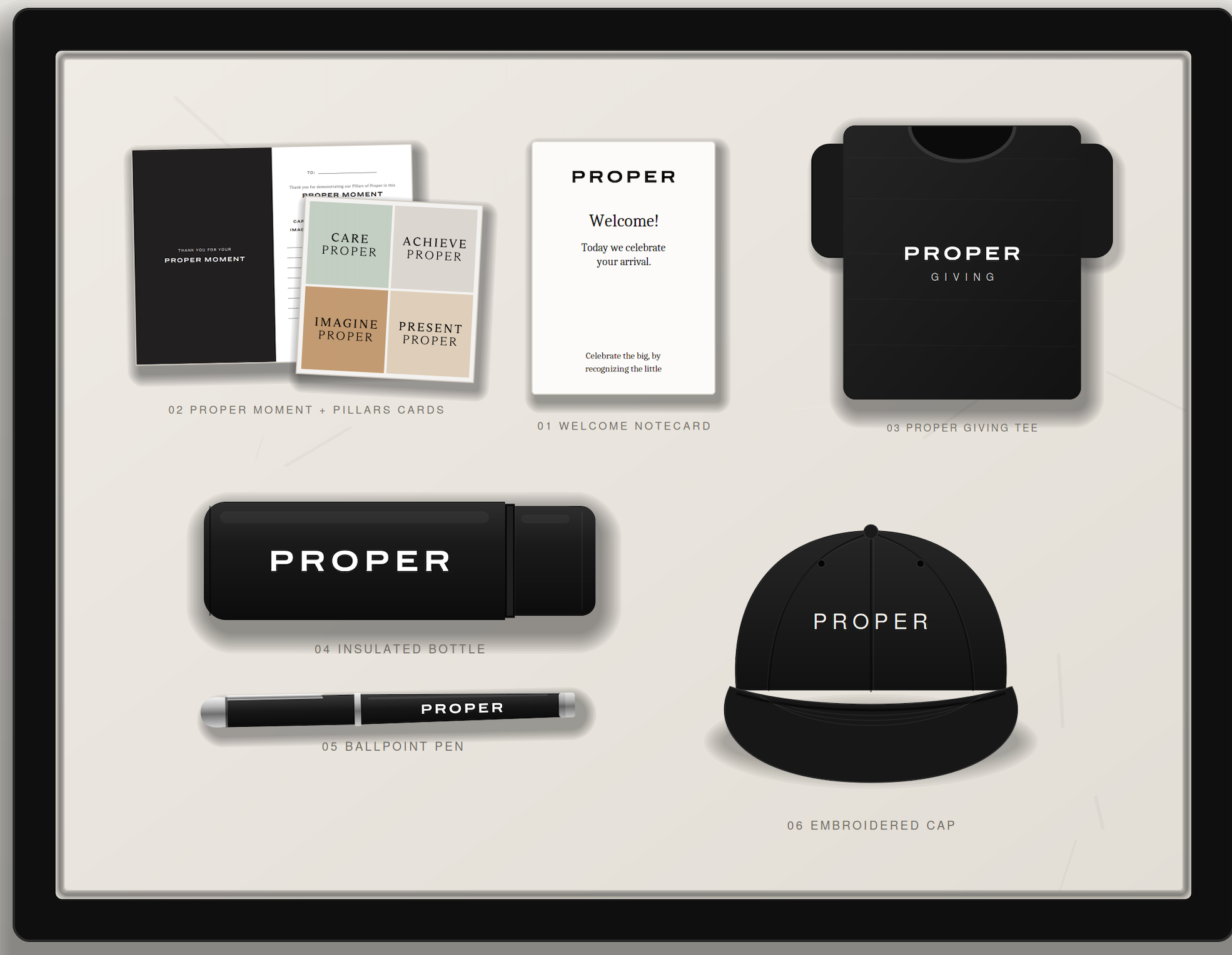 Original PROPER Moment and Pillars cards with sage, warm gray, camel and beige colors, alongside the original welcome notecard.